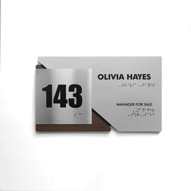 Office Number Sign with Custom Text: Wood & Stainless Steel — "Creative" Design